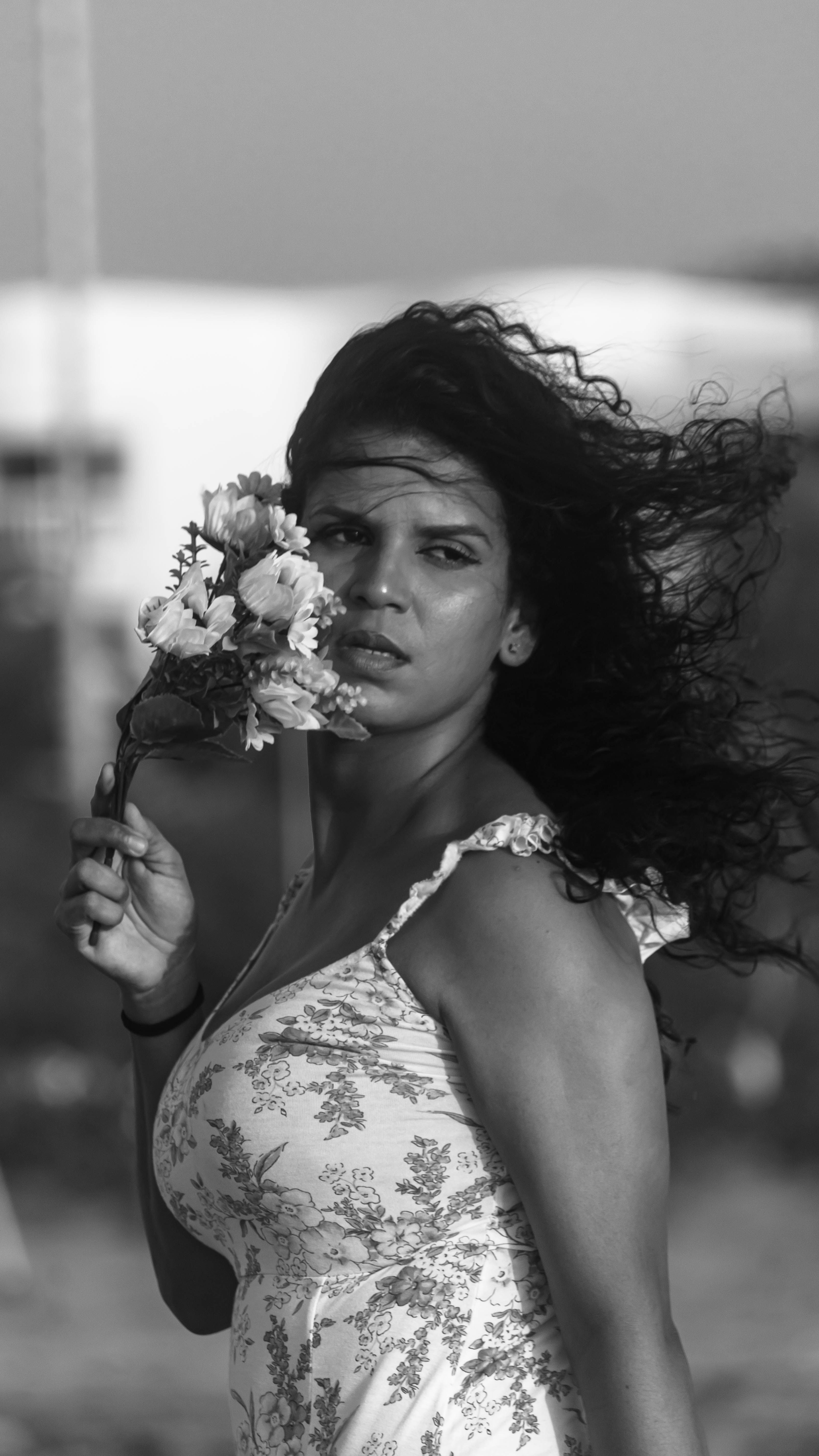 Portrait of Woman in Dress and with Flowers in Black and White · Free ...