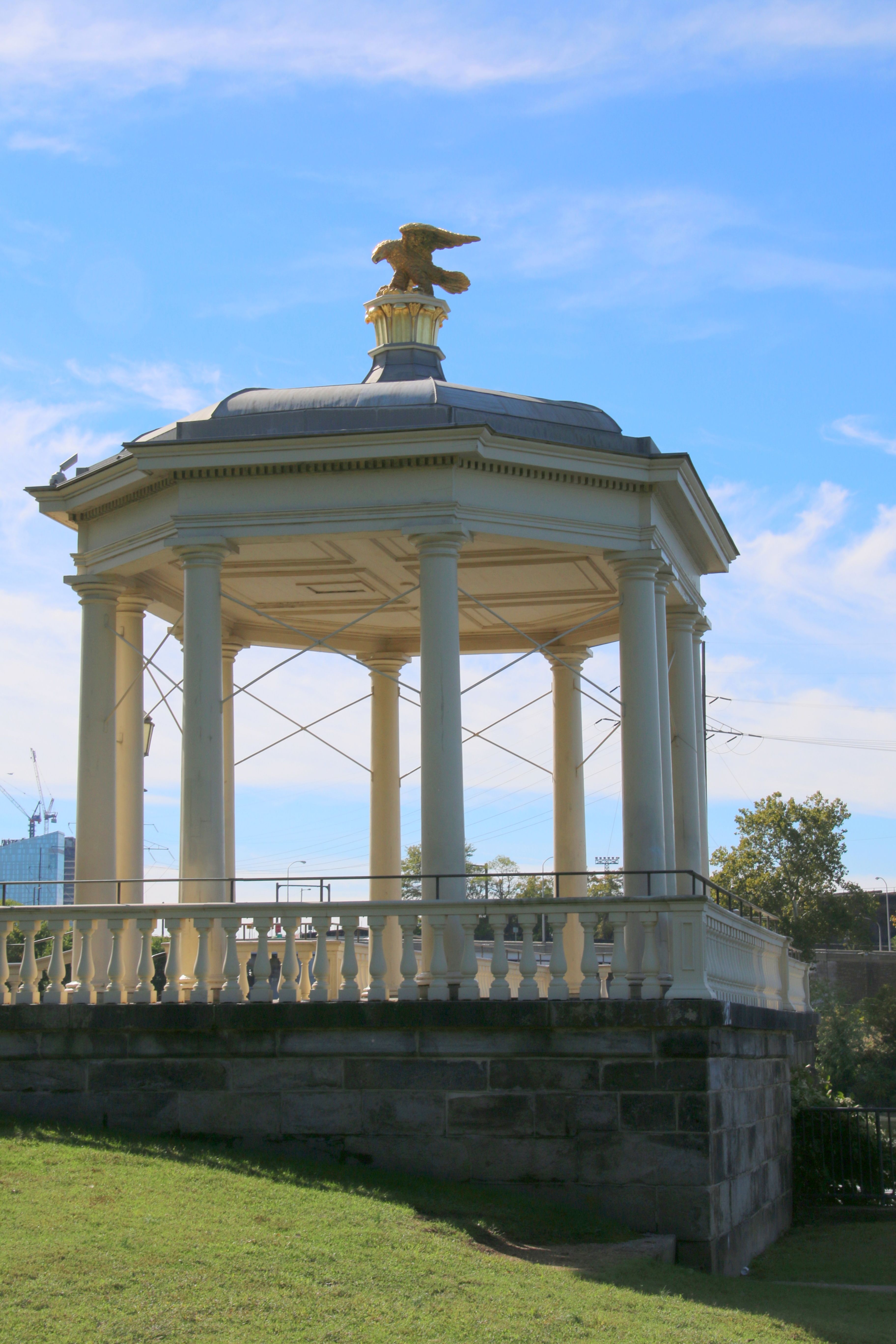 View of the iconic gazebo in Fairmount Park on a sunny day in Philadelphia.
