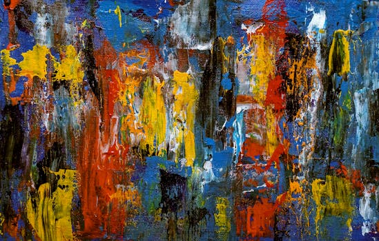 丙烯酸在画布上绘制的抽象表现主义绘画丰富多彩，展现出生动的纹理和动态的色彩