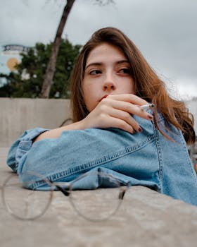 Young woman in denim jacket rests outdoors with thoughtful expression, wearing eyeglasses.