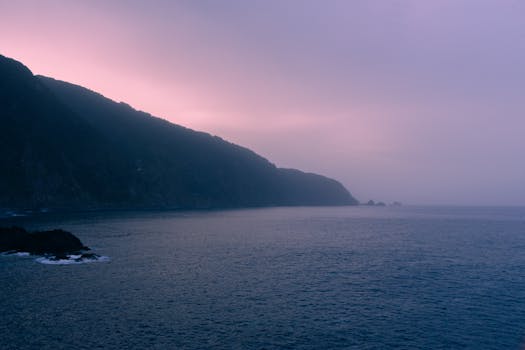 A peaceful coastal scene at dawn featuring an island silhouette and calm ocean waters.