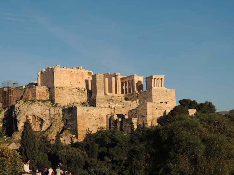 Group Of Tourists At Propylaea In Athens, Greece