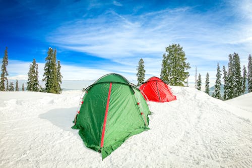 Two tents are set up on a snowy hillside