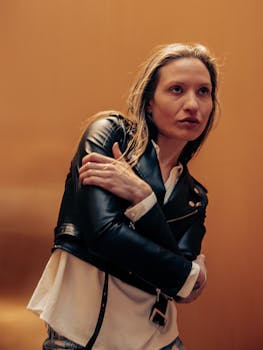 Stylish woman in leather jacket posing against a warm brown backdrop.