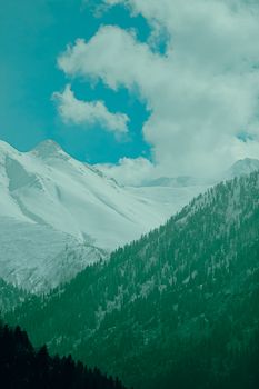 Breathtaking view of snow-covered mountains and lush forest under a vibrant sky.