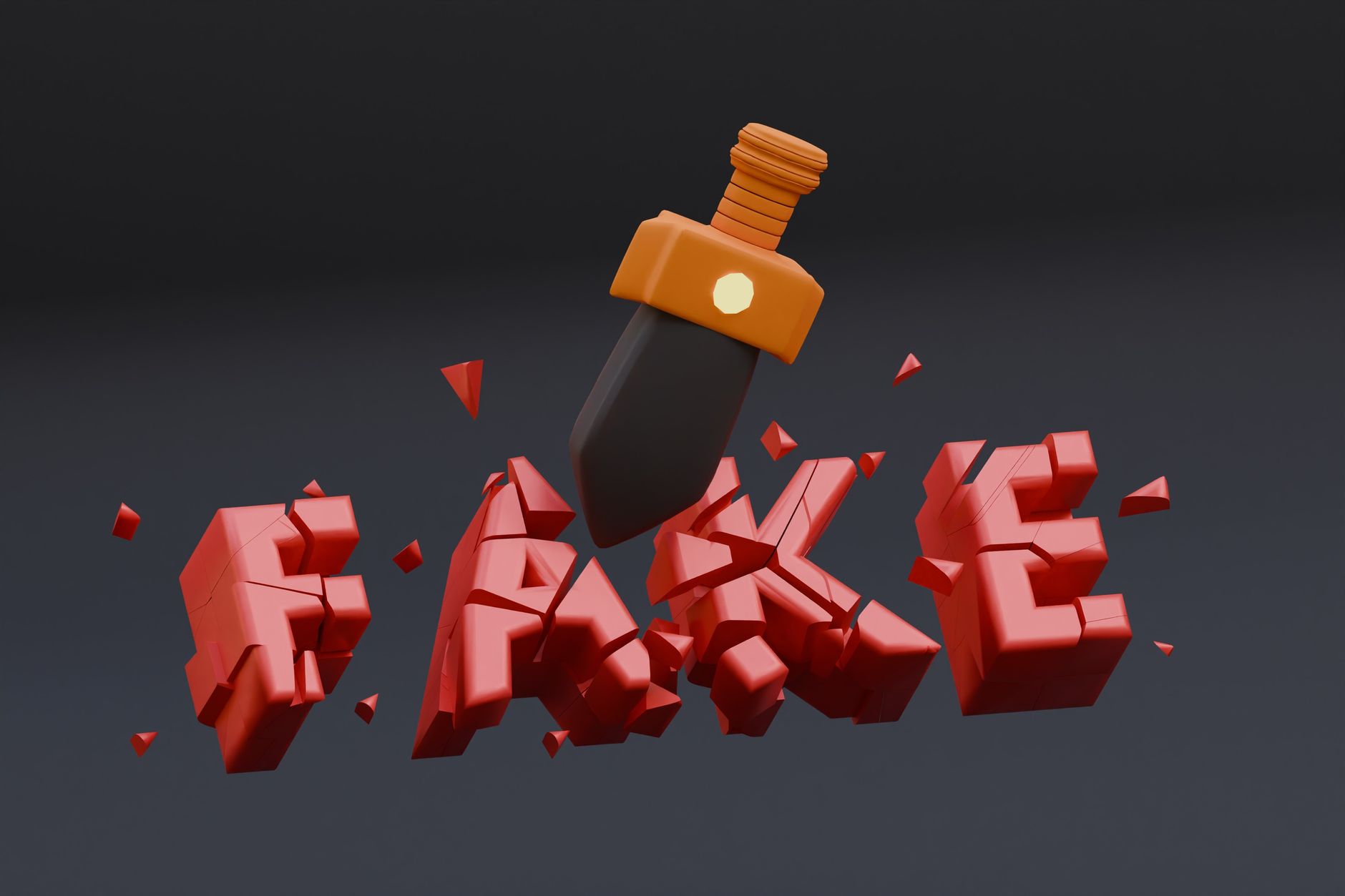 3D visualization of the word 'fake' being shattered by a dagger symbolizing disinformation.