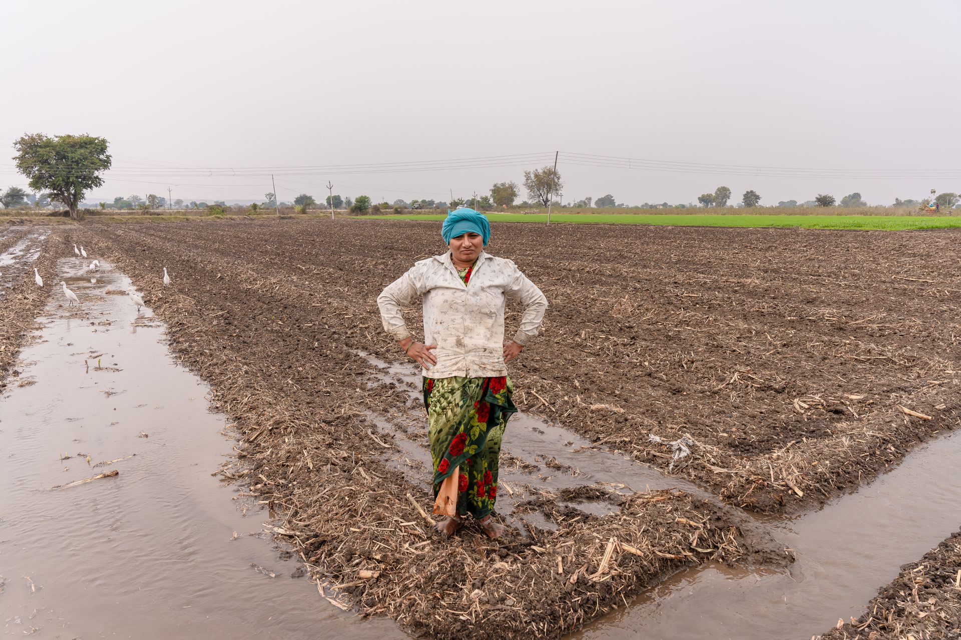 A farmer in traditional attire stands in a waterlogged field in rural India, showcasing the challenges of agriculture.