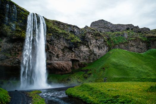 Breathtaking view of Seljalandsfoss waterfall cascading over cliffs in Iceland's lush green landscape.