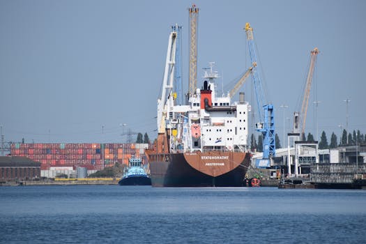 A cargo ship docked at Southampton harbor with cranes and shipping containers.