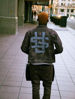 Stylish man with orange hair walks city street in Atlanta wearing branded denim jacket.
