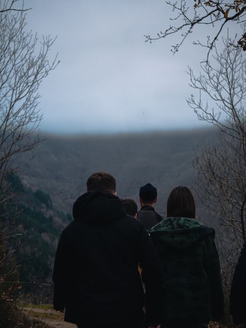 Free Hikers explore a misty forest landscape in Toscana, Italy during twilight. Stock Photo