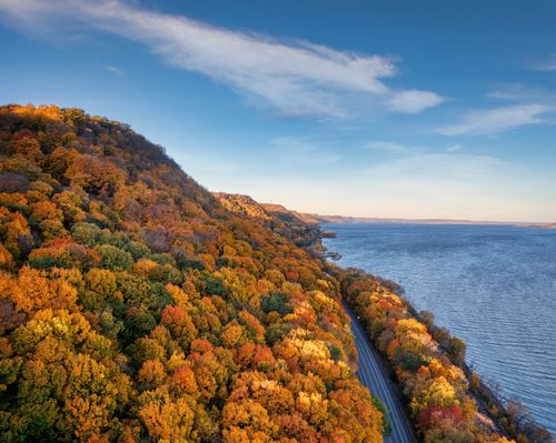 Free Captivating aerial view of autumn foliage along the Mississippi River near Stockholm, Wisconsin. Stock Photo