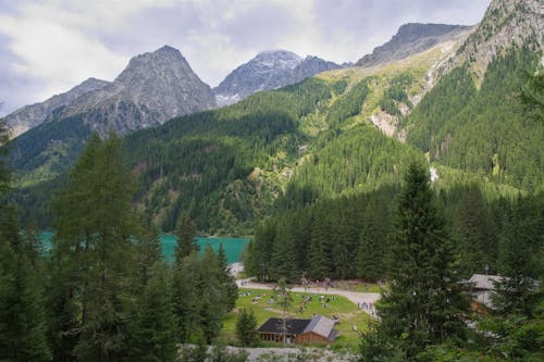 A view of a mountain lake and forest