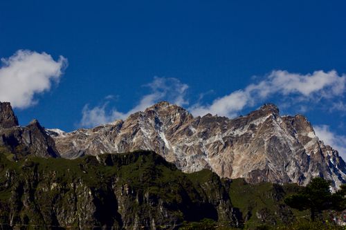 Free Scenic view of the rugged mountain range in Thangu Valley, illuminated by bright sunlight against a clear blue sky. Stock Photo