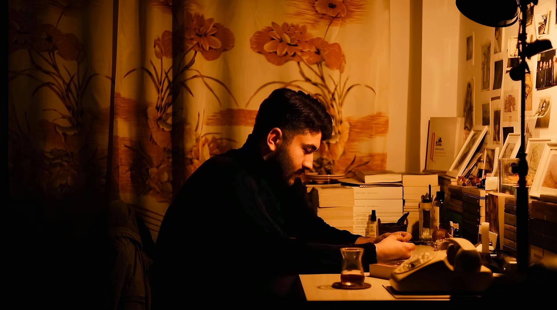 A man sitting at a desk in a dark room