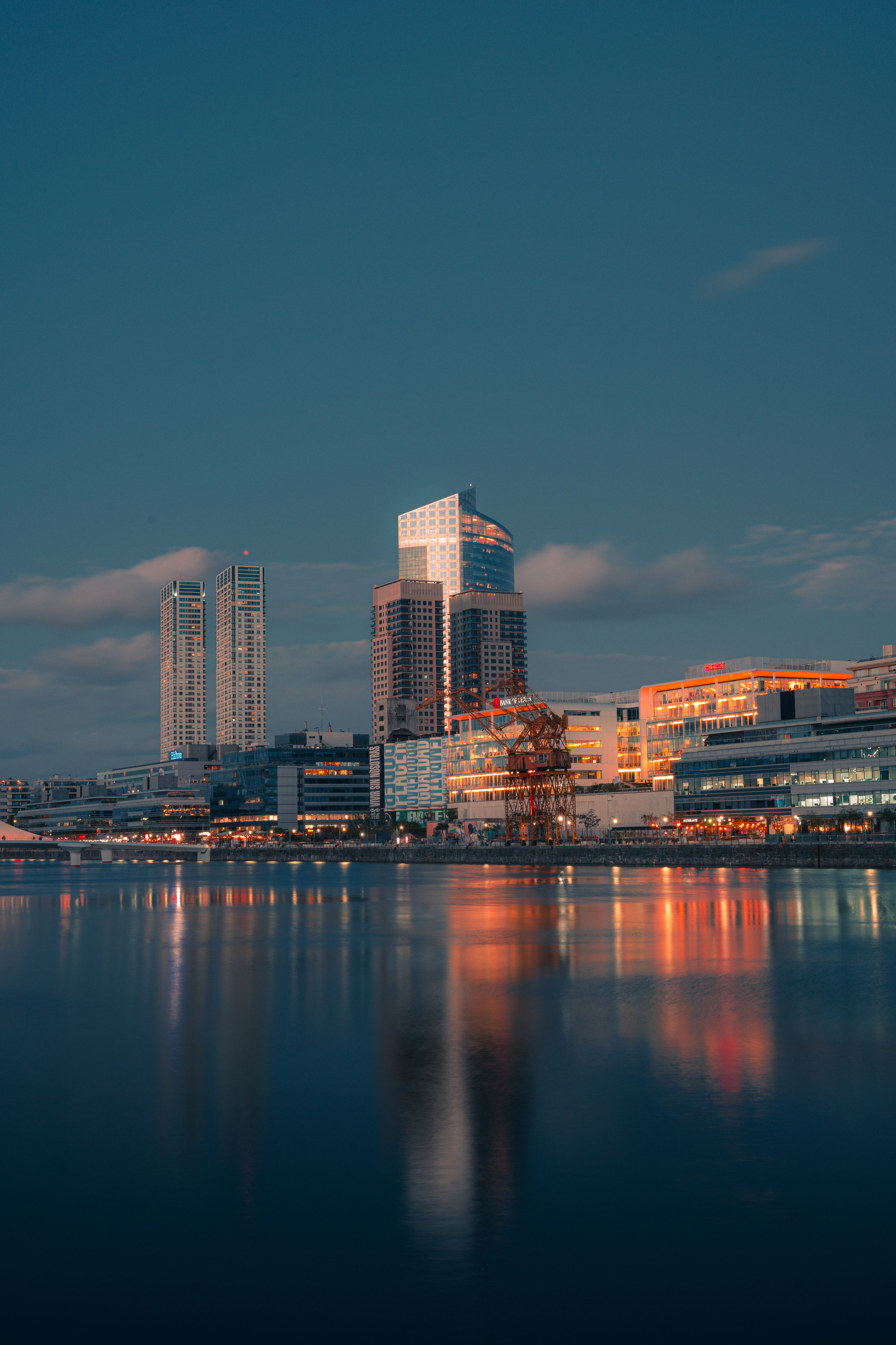 Captivating cityscape featuring skyscrapers reflecting on water at night.