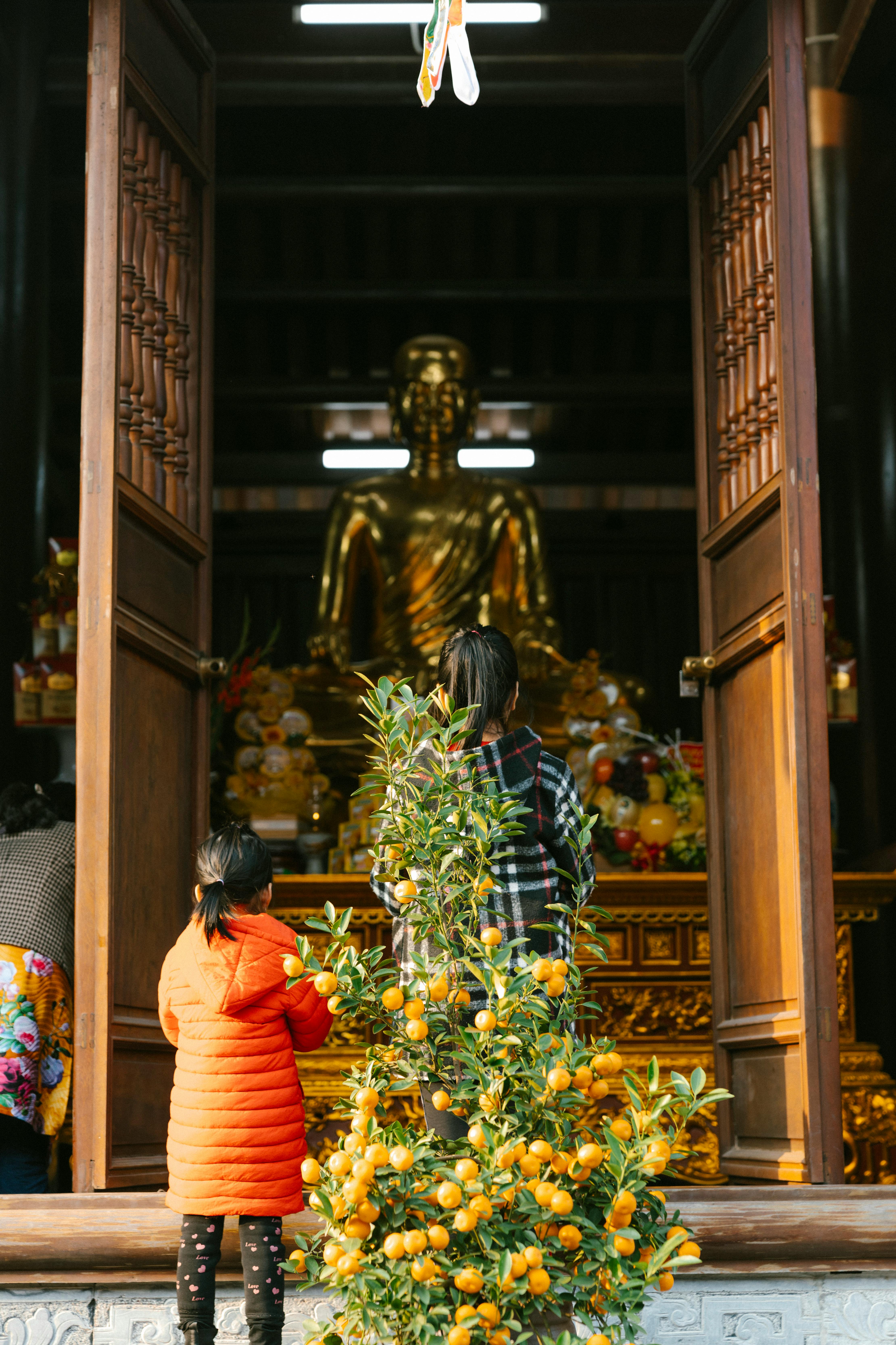 buddhist temple worship with golden statue