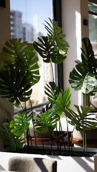 Bright living room with large Monstera plants by the window, showcasing natural interior decor.
