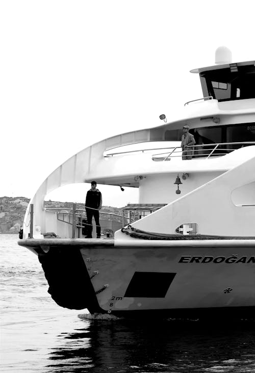 A black and white photo of a large boat