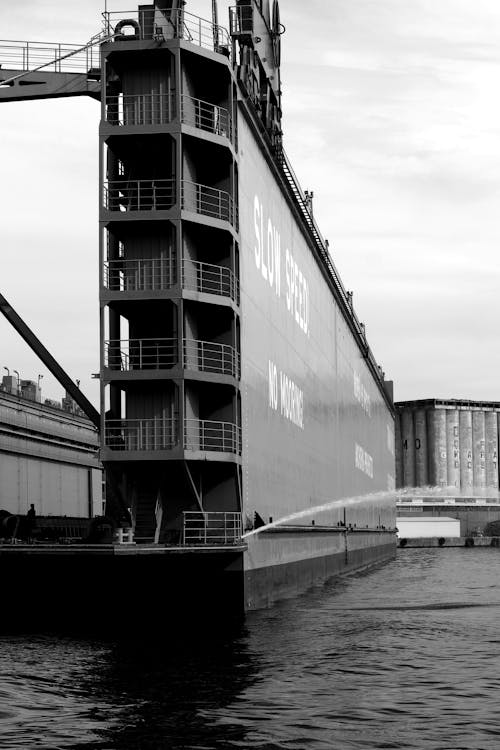 A black and white photo of a large ship