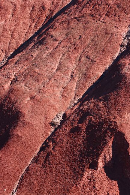 Close-up of textured red rock formations in Petrified Forest National Park, Arizona.