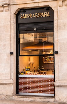 Close-up of the Sabor a España storefront in Burgos, Spain showcasing the architectural design.