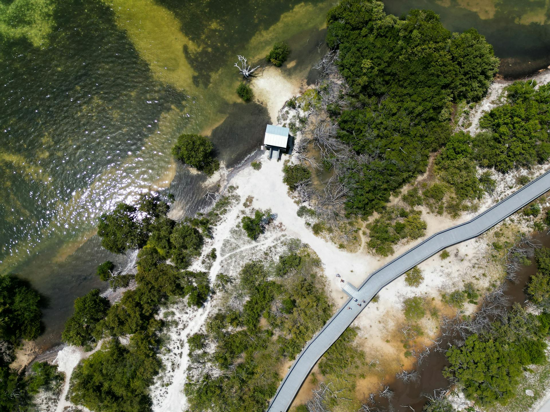 A stunning aerial view of Everglades City coastline with greenery and pathways.