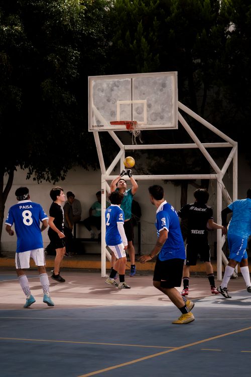 Free Men playing a competitive basketball game on an outdoor court surrounded by trees. Stock Photo