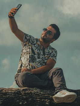 A man wearing sunglasses takes a selfie while sitting on a log with a sunny sky in the background.
