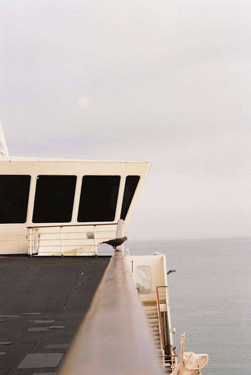 A man standing on the edge of a boat looking out to the ocean