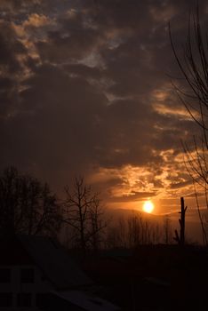 A captivating sunset with silhouetted trees, showcasing a dramatic, cloudy sky.