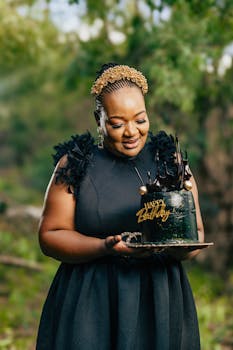 Woman in black dress holding an elegant birthday cake outdoors, embracing celebration and fashion.
