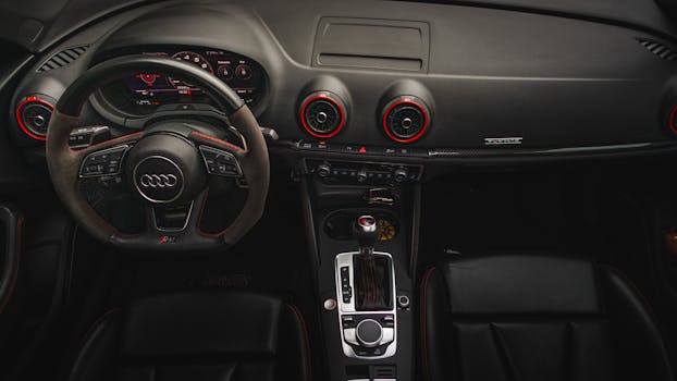 A sleek and modern luxury car interior featuring a detailed dashboard and steering wheel.