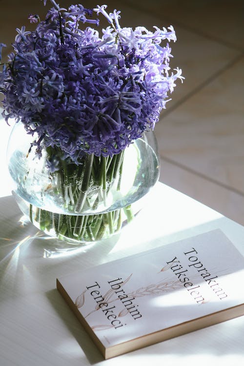 A book and a vase of purple flowers on a table