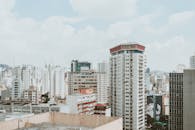 在明亮的天空下，现代城市的天际线鸟瞰图中高楼林立