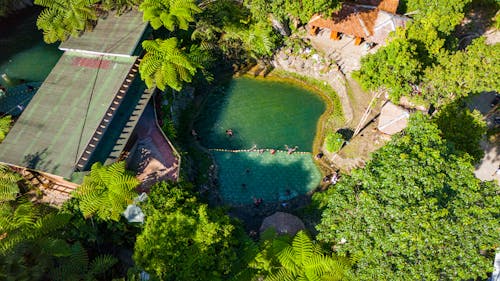 从 Dji Air 3 无人机上看到菲律宾热带丛林度假村的小屋和游泳池。
