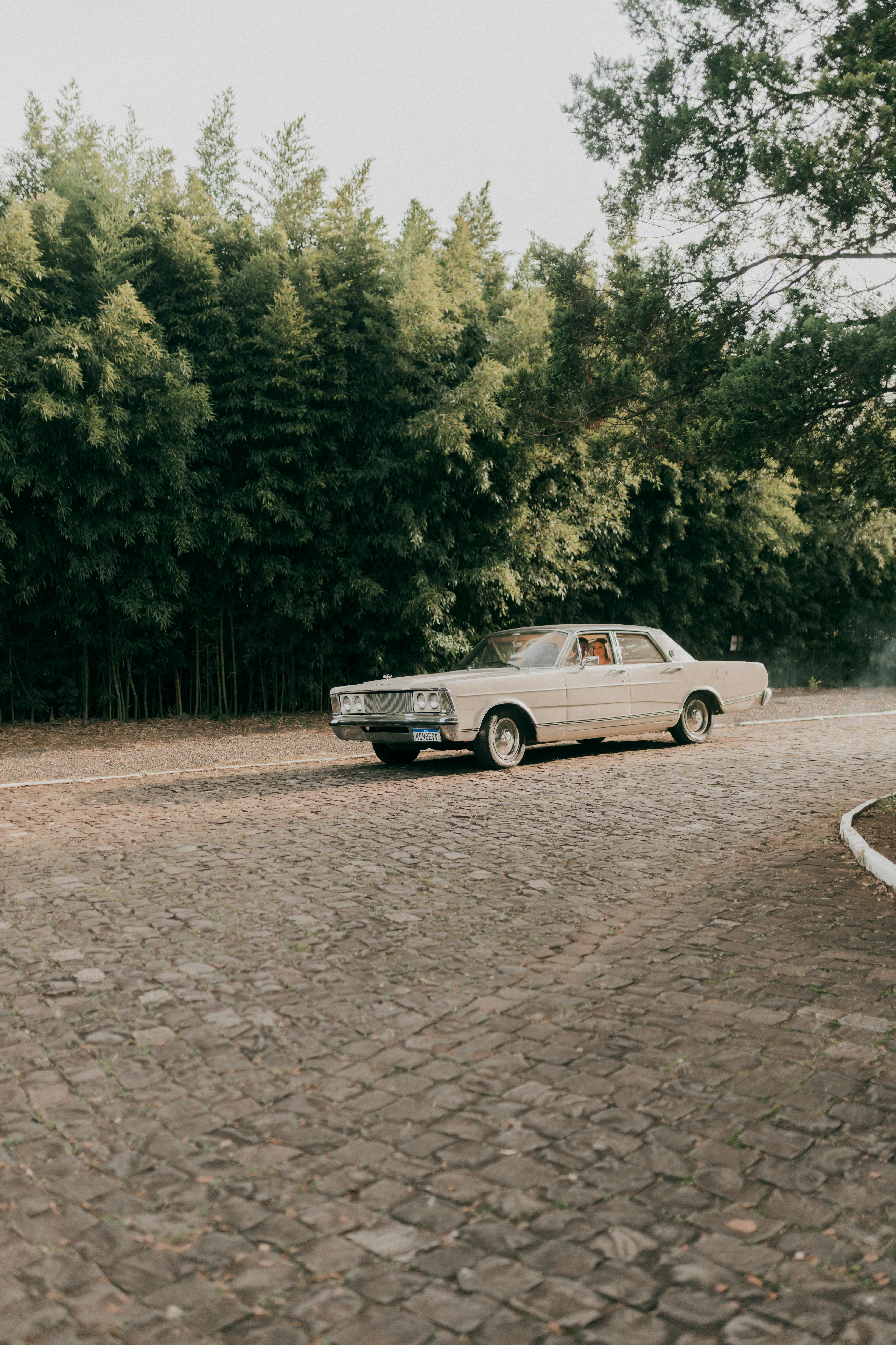 Classic vintage car driving on a cobblestone road surrounded by lush green forest.