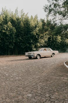 Classic vintage car driving on a cobblestone road surrounded by lush green forest.