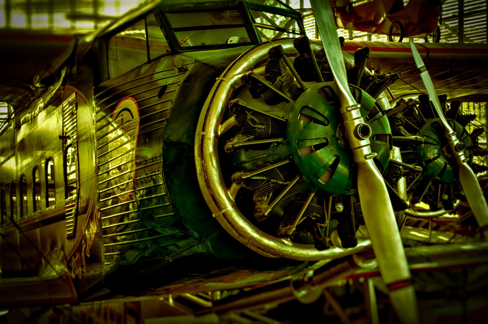 Close-up of a vintage military aircraft's propellers in a Seattle museum, exuding historical charm.