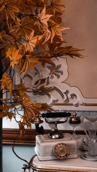 Elegant vintage telephone with autumn leaves and classic decor in a warm setting.