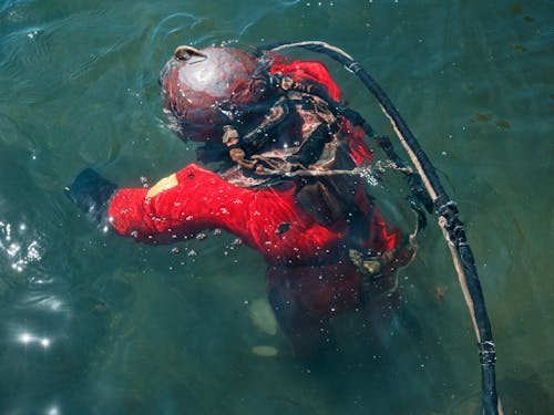 A diver in a red suit is in the water