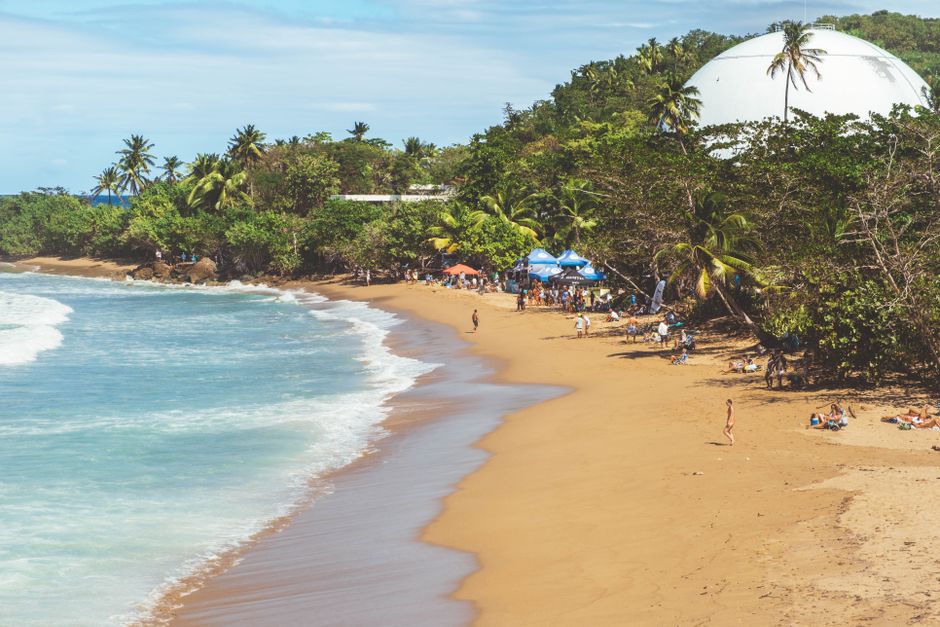 Beautiful sandy beach with palm trees and waves in Rincón, Puerto Rico, perfect for vacation and relaxation.