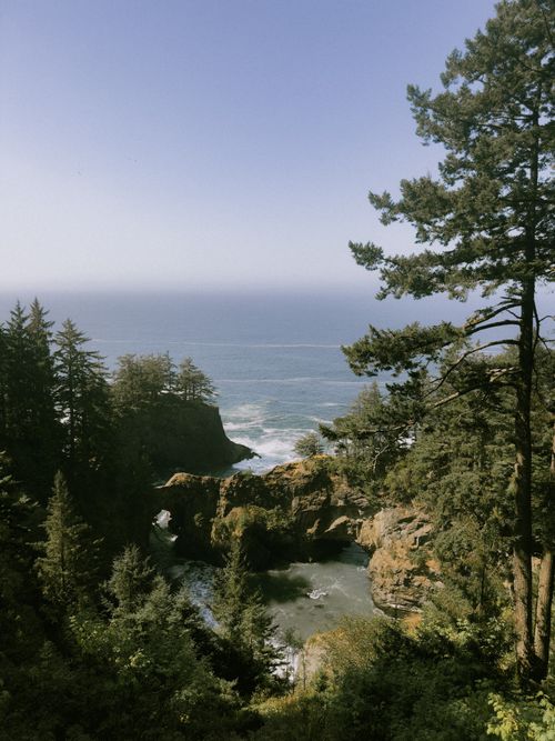 Free A breathtaking view of Oregon's sea stacks surrounded by lush trees and the Pacific Ocean. Stock Photo