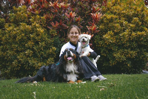 A woman sitting on the grass with two dogs