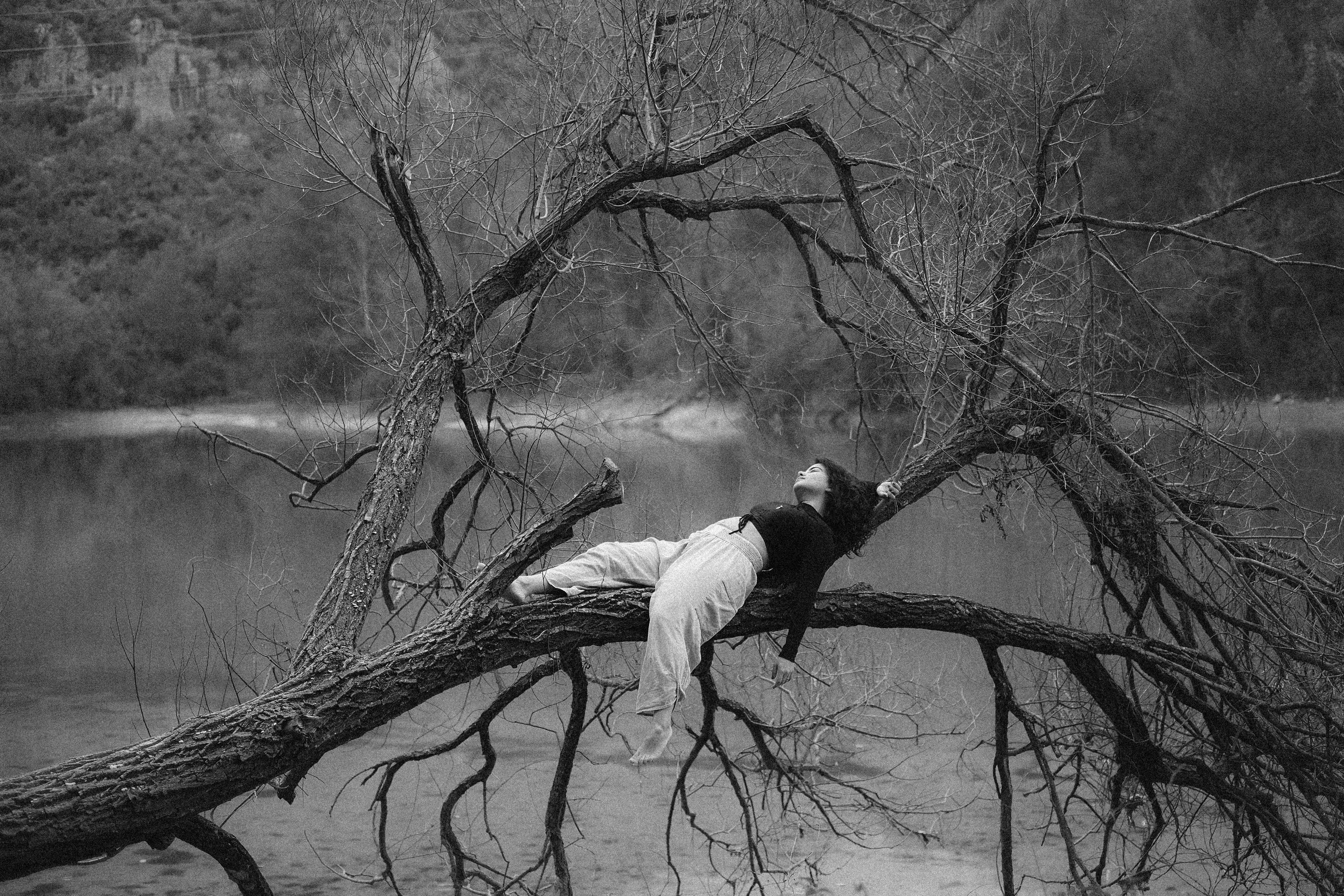 A serene black and white image of a woman lying on a tree over a lake.