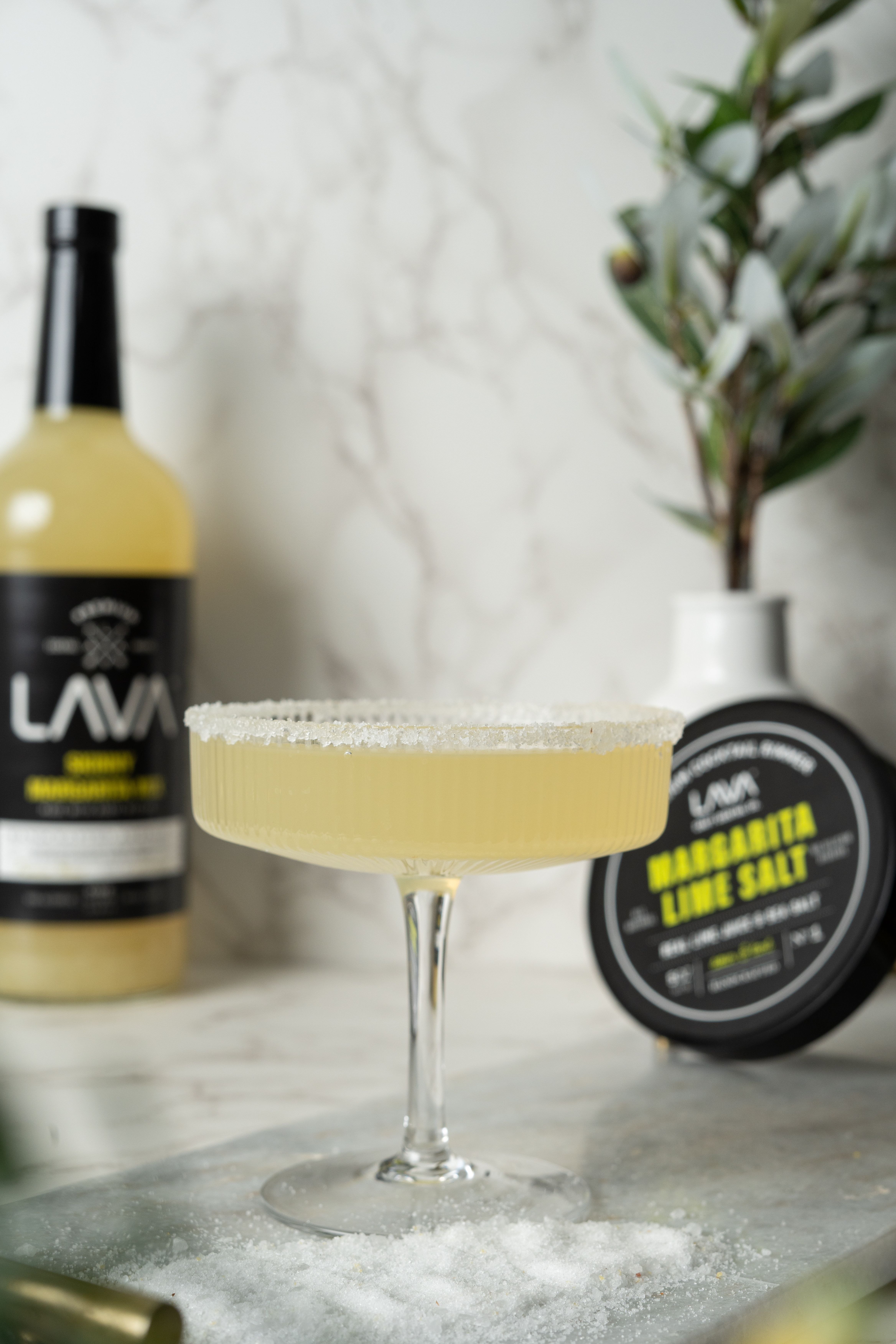 Two salt-rimmed margarita glasses filled with a pale gold cocktail, garnished with lime wedges, next to a small dish of coarse salt and a bottle of agave nectar.