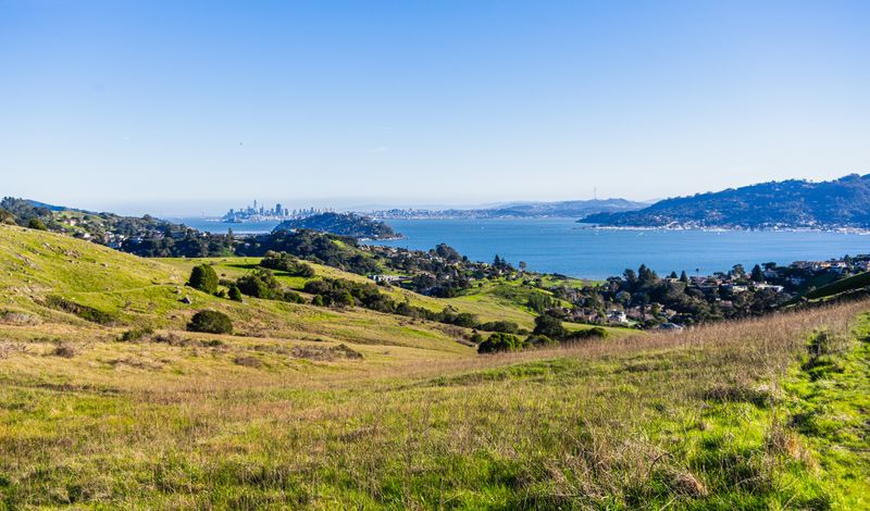 The San Francisco Bay skyline seen across the water from Marin County