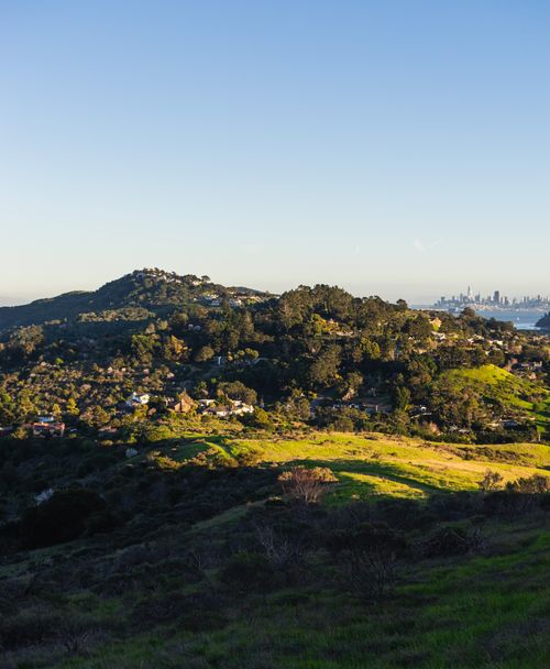 Free A picturesque hilltop village with lush greenery and distant city skyline under clear sky. Stock Photo