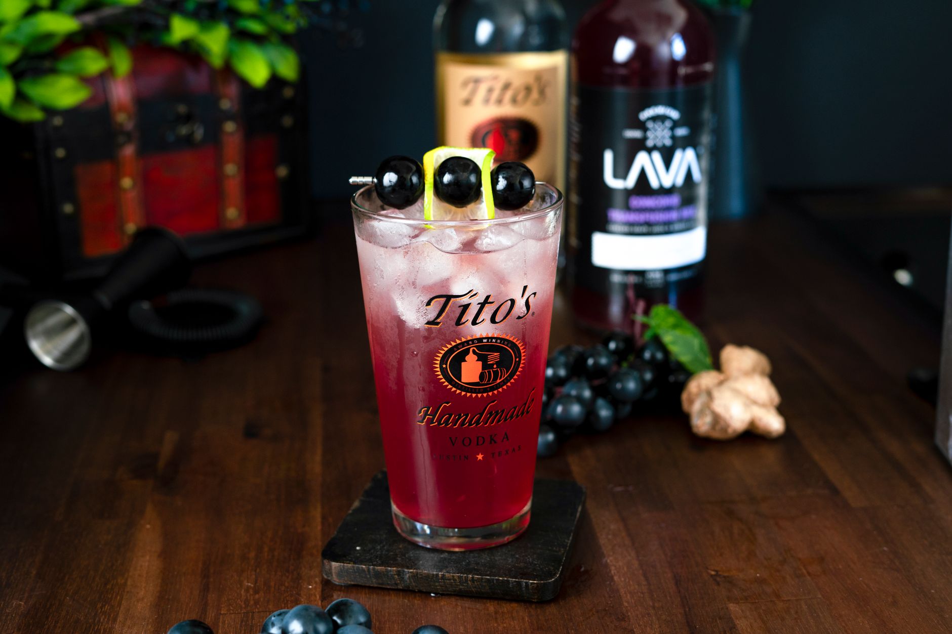 Close-up of a freshly poured Vodka Cranberry cocktail with fresh cranberries garnish
