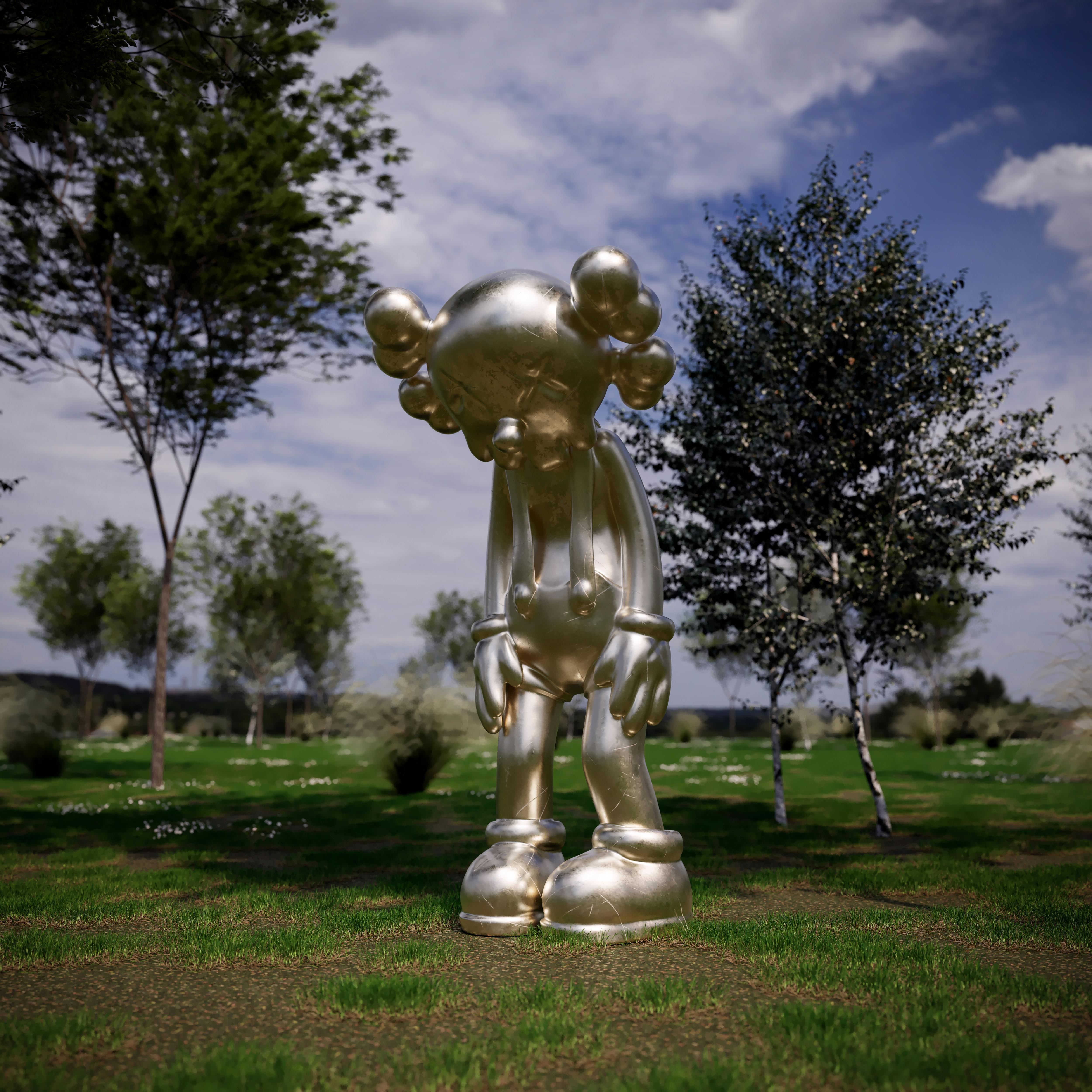 A reflective cartoon-like metal sculpture in a sunny park setting with trees and grass.